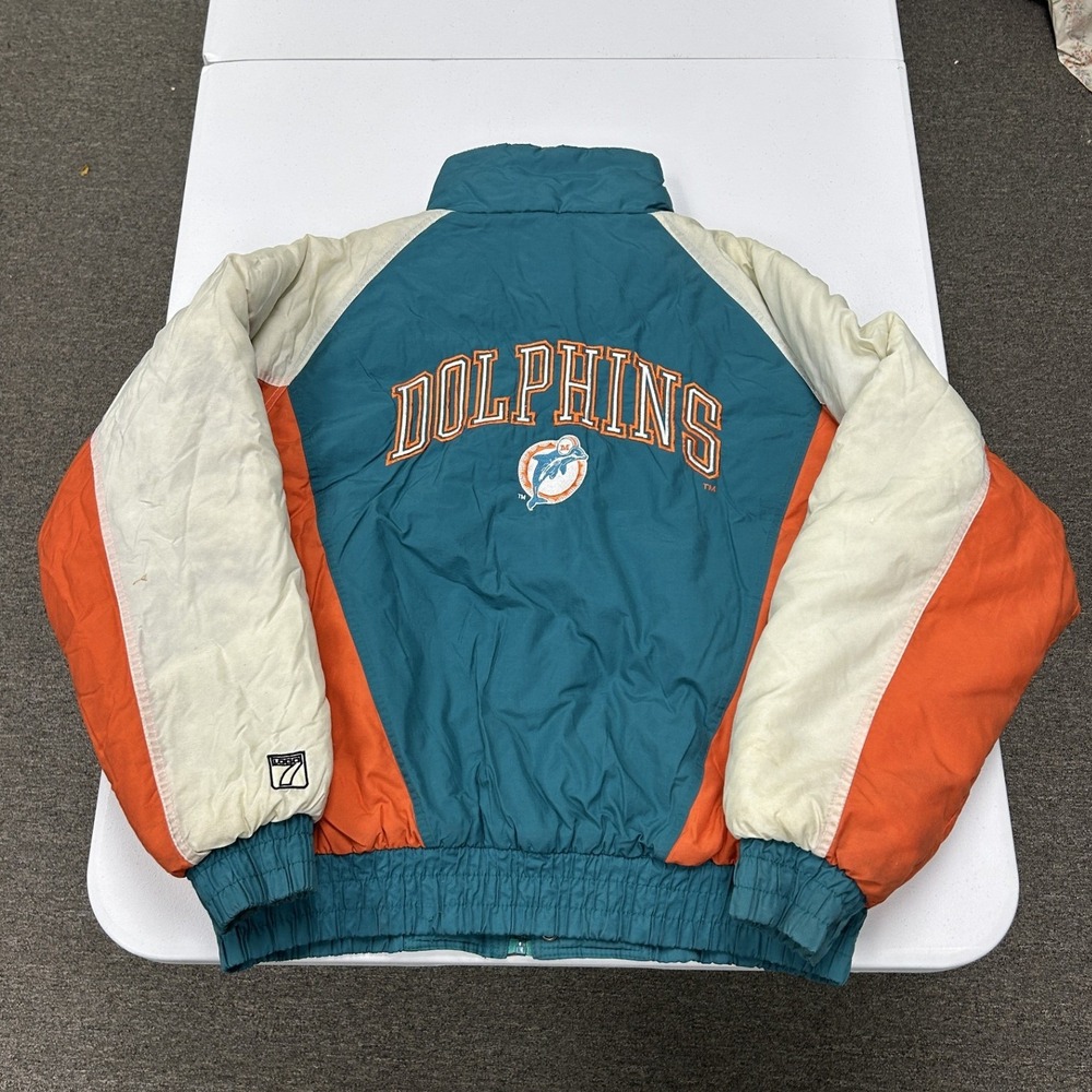 Logo 7 Miami Dolphins Puffer Jacket Mens XL Teal Orange Vintage Colorblock B3